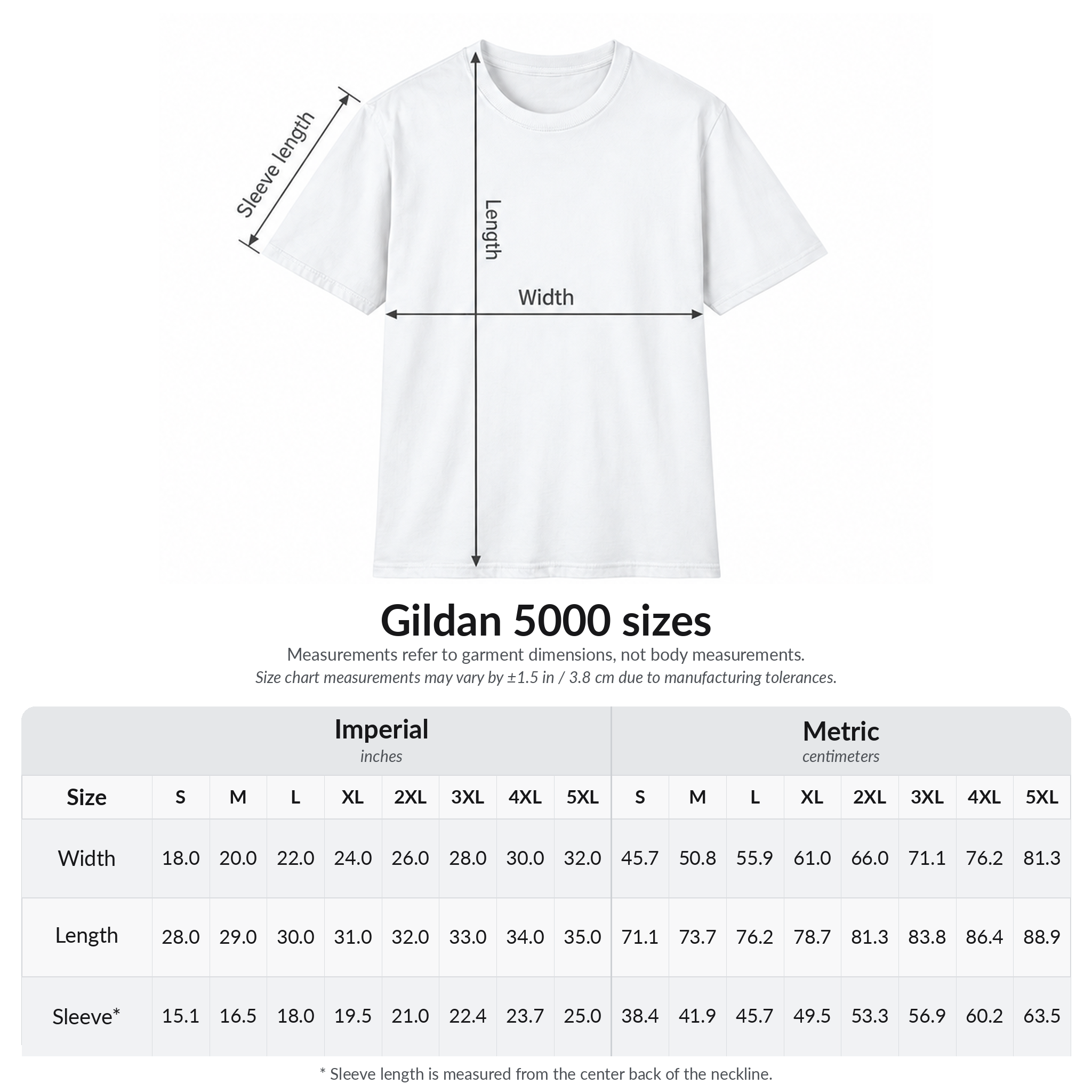 Gildan 5000 T-shirt size chart inches centimeters